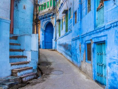 The bright blue streets of the Blue City of Jodhpur, India.